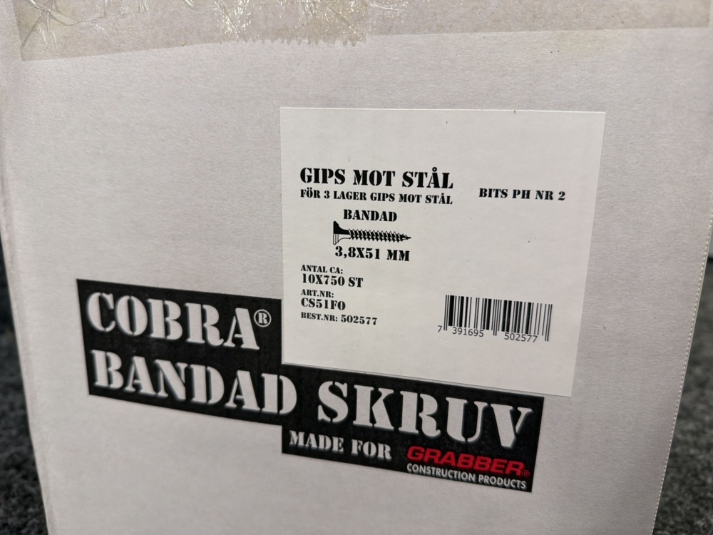 1579404-2 7500 st Bandad Gipsskruv mot stål Cobra 3,8x51 mm