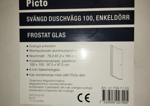 Svängd duschdörr - Alterna Picto 100, frostat glas, höjd 195 cm
