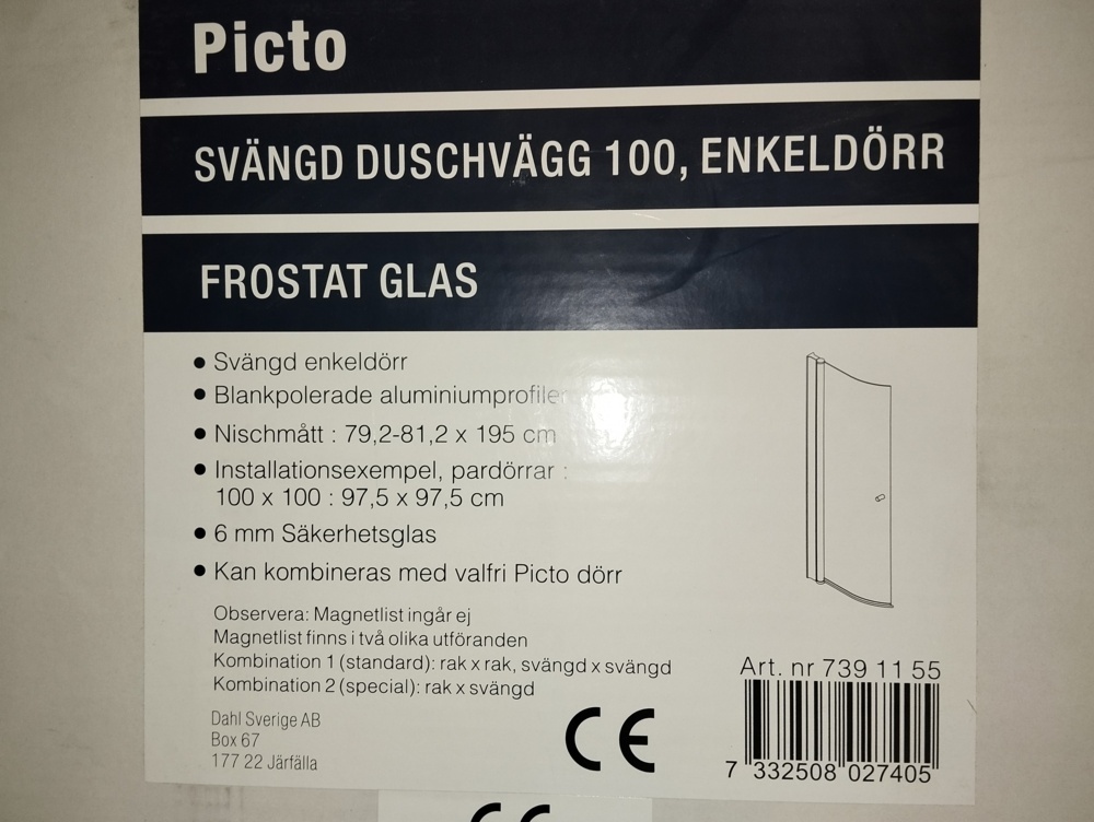 1581356-1 Svängd duschdörr - Alterna Picto 100, frostat glas, höjd 195 cm