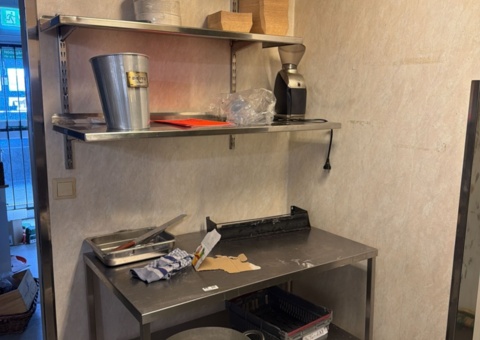 Stainless steel bench, wall shelves and coffee grinder