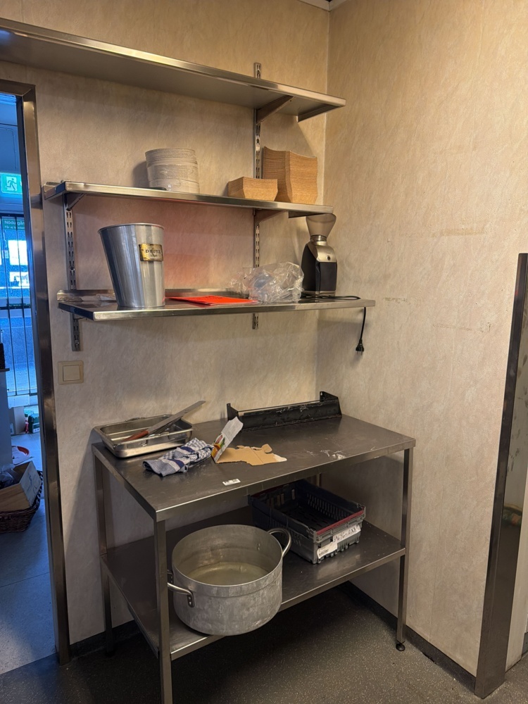 1566251-1 Stainless steel bench, wall shelves and coffee grinder