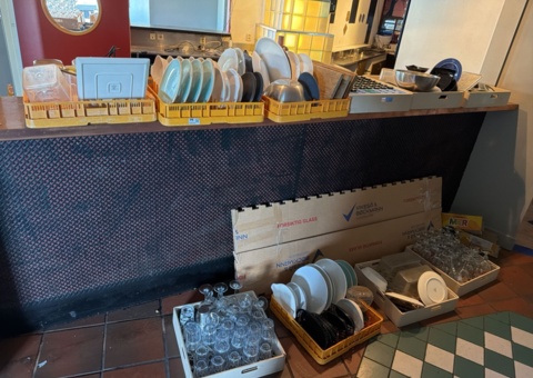 Mixed china and glassware including dish racks