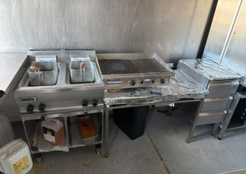 Deep fryer, electric grill, kitchen counter and kitchen utensils