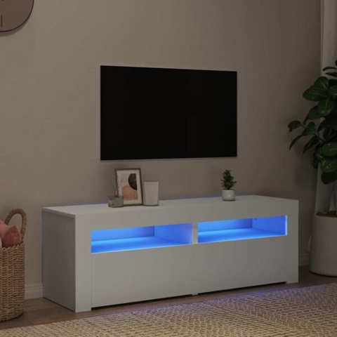 TV-bänk med LED-belysning vit 120x35x40 cm. Finns i kartong ej kontrollerat på auktion i Halland, Halmstad hos PS Auction