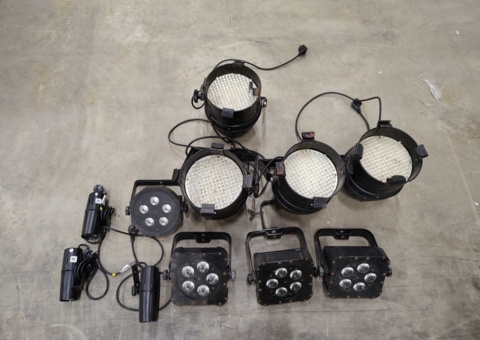 Stage lighting with LED fixtures and accessories