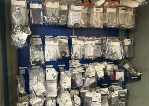 Spare parts warehouse - mixed HVAC parts from Mora, FM Mattsson, Gustavsberg and others.