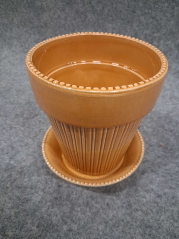 1584885-2 Pots with saucers, 4 pcs - Bergs Potter Simona, Yellow Amber, Ø16 cm