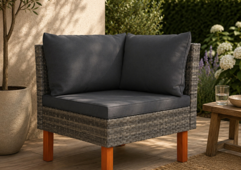 Corner seat made of artificial rattan and solid eucalyptus wood