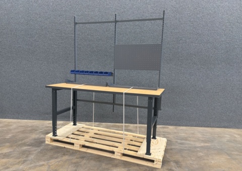 Workbench with extension frame TRUST Tool board, picking bins, shelves, 2000x820 mm, hardened board