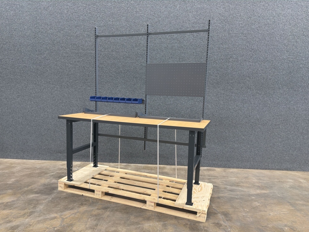 1585924-1 Workbench with extension frame TRUST Tool board, picking bins, shelves, 2000x820 mm, hardened board