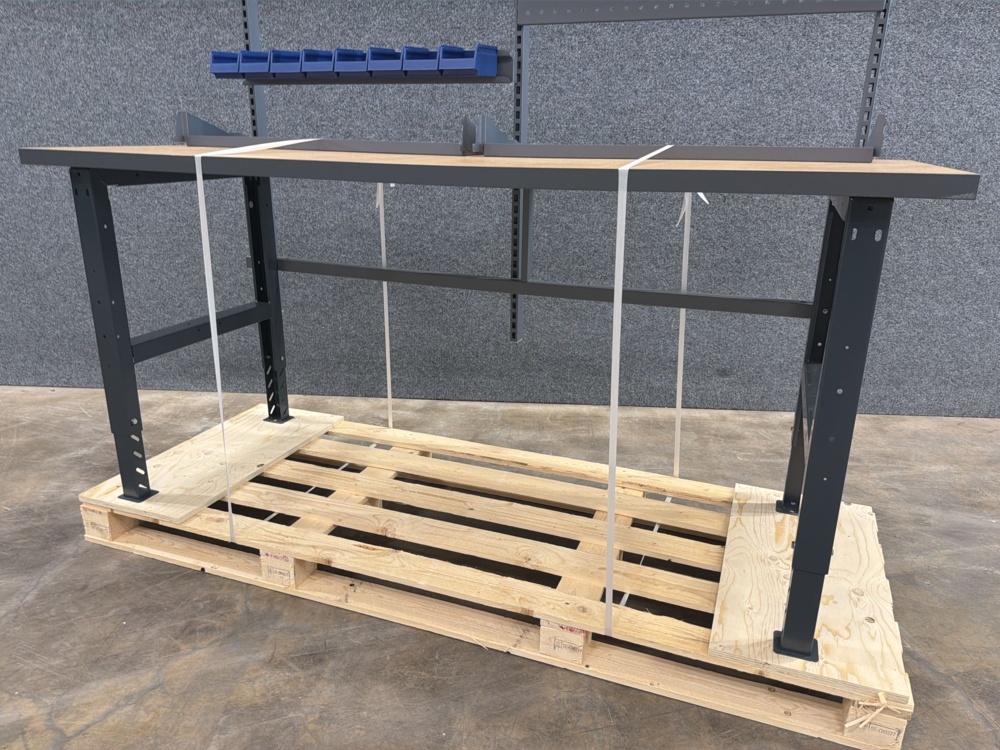 1585924-2 Workbench with extension frame TRUST Tool board, picking bins, shelves, 2000x820 mm, hardened board