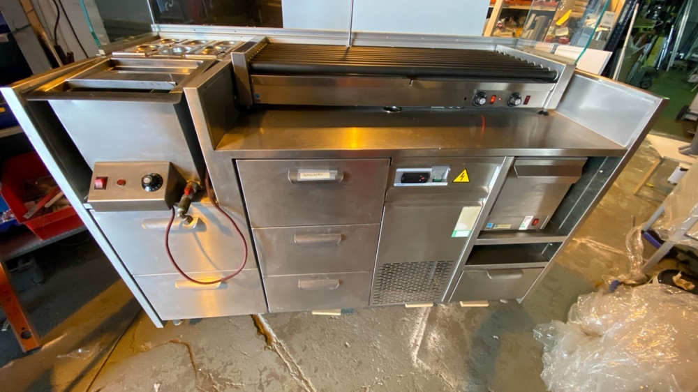 1587414-1 FKI fast food station with roller grill and refrigerated storage