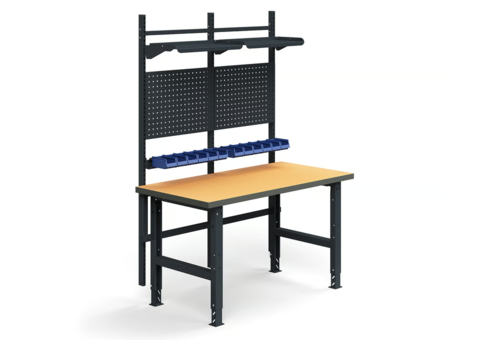 Complete workbench TRUST Tool boards, picking bins, shelves, 1500x760 mm, hardened board