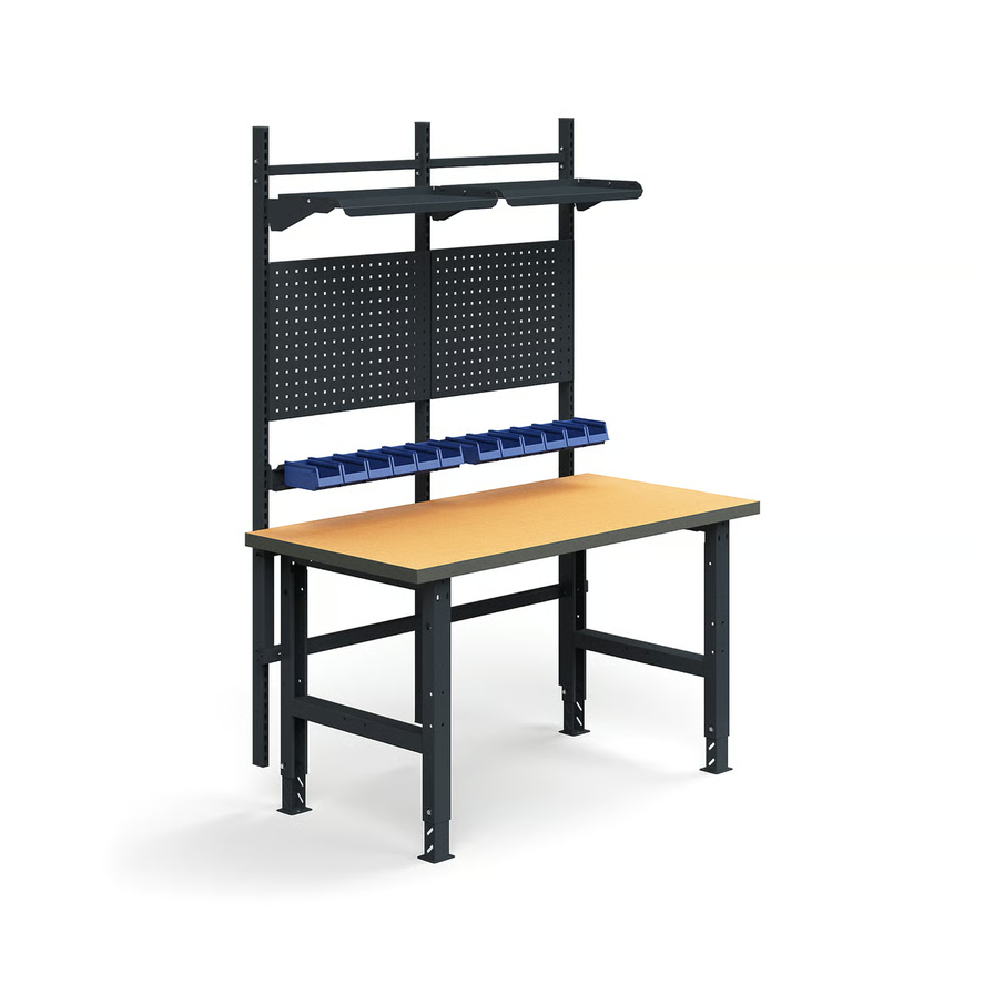 1587583-1 Complete workbench TRUST Tool boards, picking bins, shelves, 1500x760 mm, hardened board