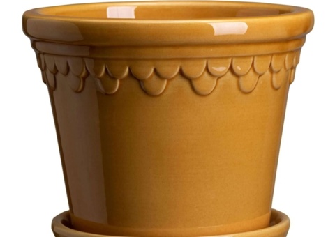 Pots with saucers, 4 pcs - Bergs Potter Københavner Amber Yellow, glazed, Ø18 cm