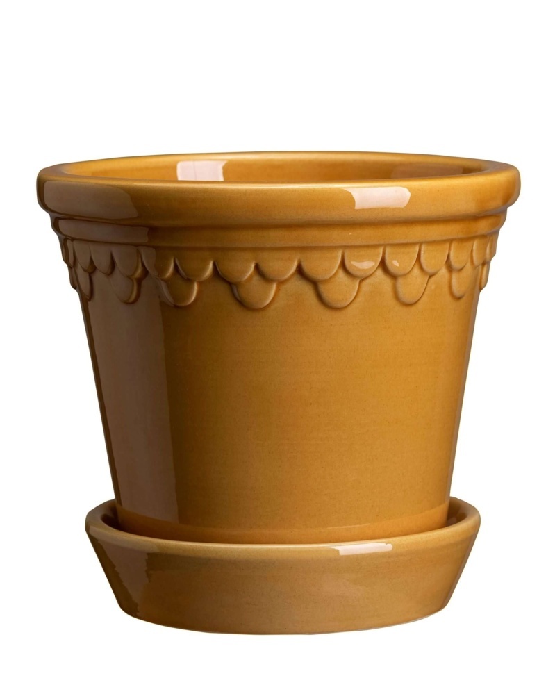 1584934-1 Pots with saucers, 4 pcs - Bergs Potter Københavner Amber Yellow, glazed, Ø18 cm