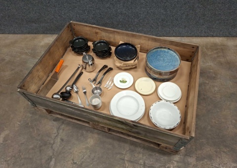 Plates, kitchen utensils, etc.