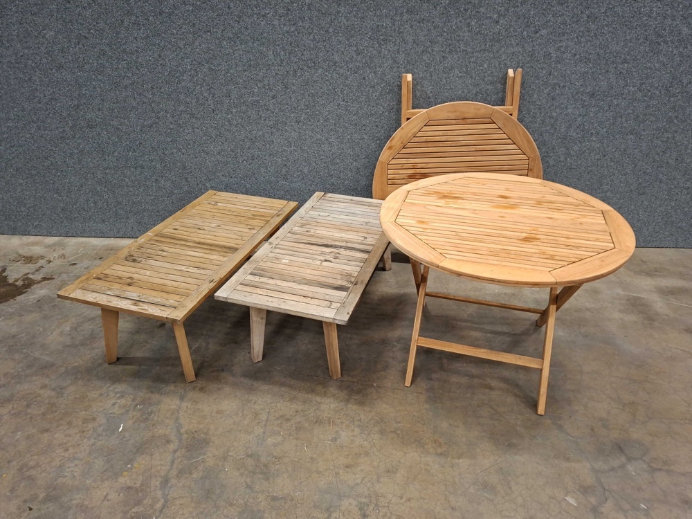 1587523-1 4 wooden tables for outdoor use