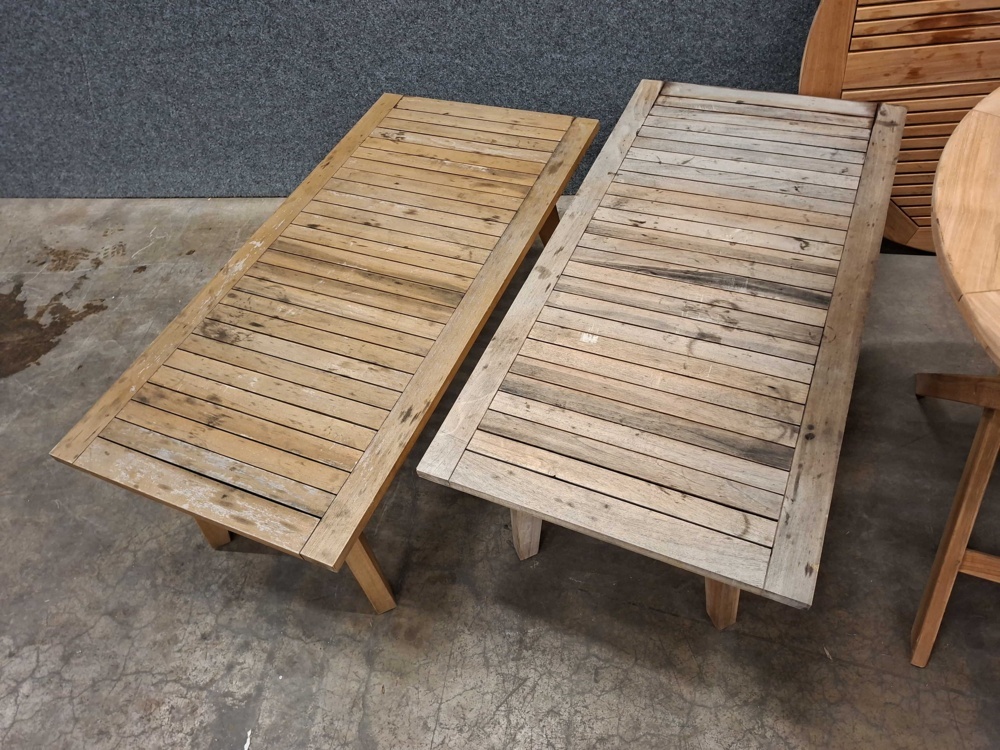 1587523-2 4 wooden tables for outdoor use