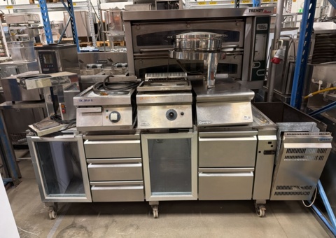 Restaurant equipment – refrigerated counter, frying table, grill, coffee maker and buffet warmer