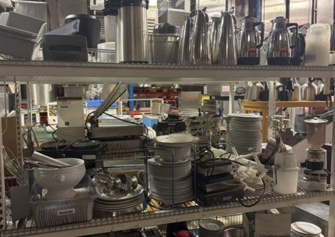 Restaurant equipment – gas stove, grill, coffee grinder, thermoses and crockery