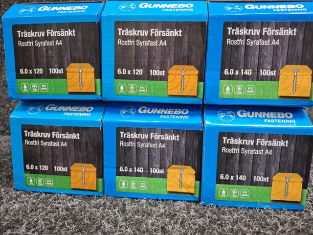 1589988-2 600 st Träskruv Försänkt Rostfri Syrafast A4 6.0x120 & 6.0x140mm, Gunnebo