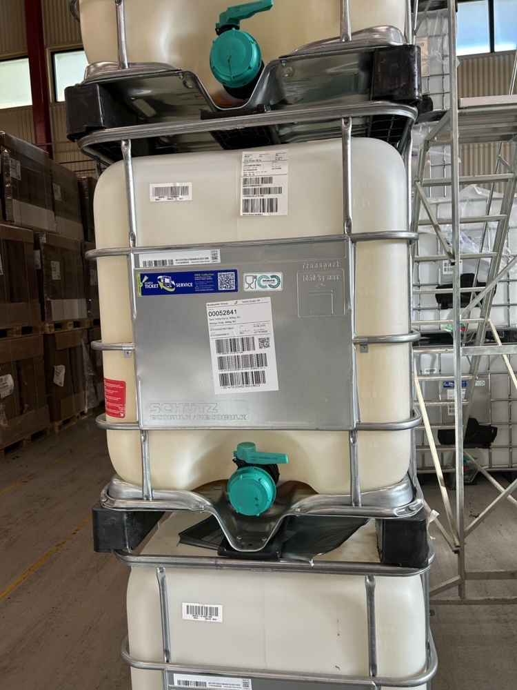 1590126-1 Samling med 12 IBC-behållare – SCHÜTZ ECOBULK FOODCERT MX640 – 640 liter