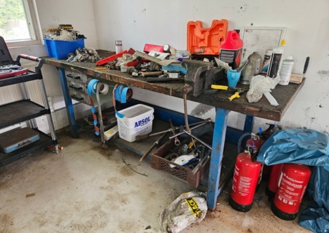 Workbench, storage shelves and tools