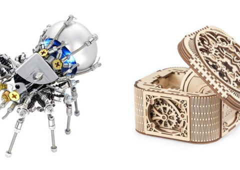 Puzzle and model kit, 2 pcs - metal spider and UGEARS Treasure Box