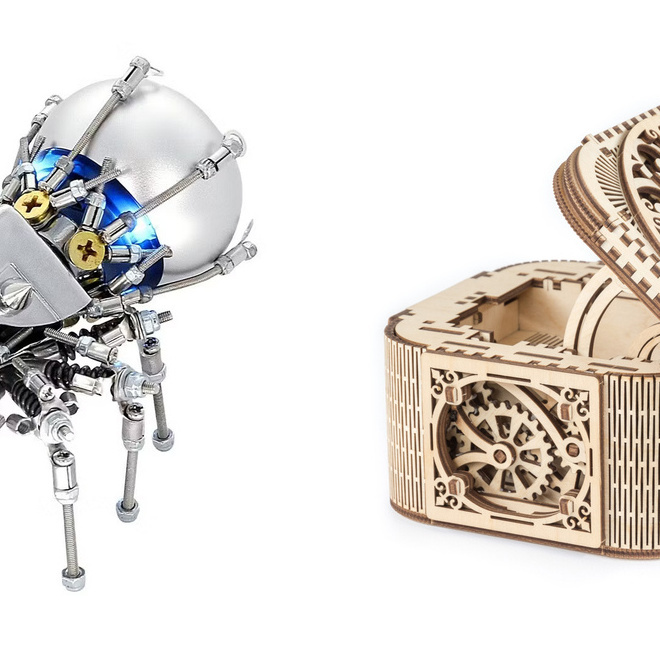1588666-1 Puzzle and model kit, 2 pcs - metal spider and UGEARS Treasure Box