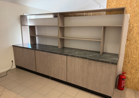 2 sections with cabinets and shelves used for coffee buffet, plates, cutlery etc. and
