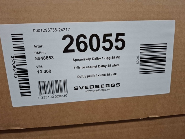 1590882-12 Spegelskåp Svedbergs Dalby 1-Spg 55 Vit