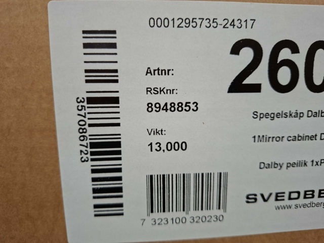 1590882-13 Spegelskåp Svedbergs Dalby 1-Spg 55 Vit