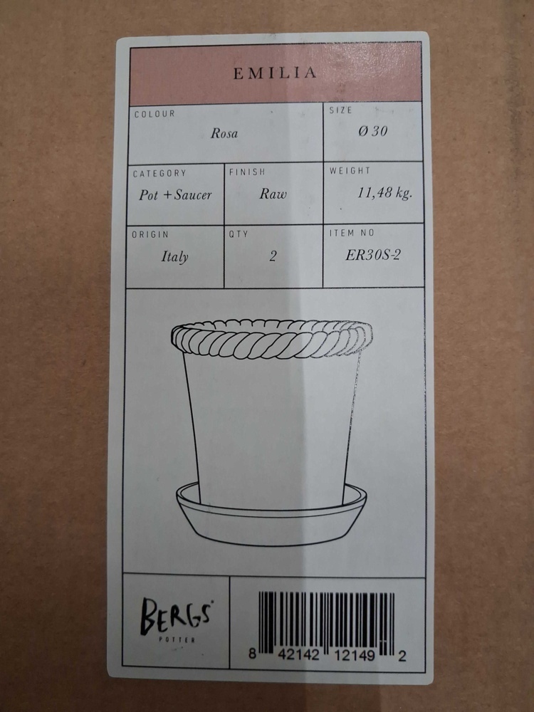 1584938-2 Krukor med fat, 2 st - Bergs Potter, Emilia RAW, rosa, Ø30 cm