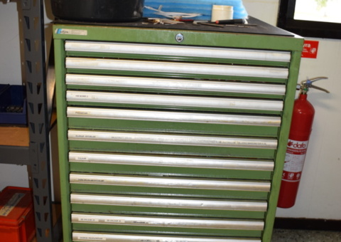 List cabinet 13 drawers, gauges, sleeves etc.