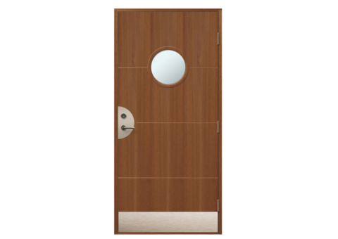Front door Emilia Teak with round glass, 9x20 right-hung