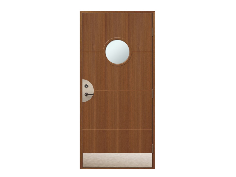 1592817-1 Front door Emilia Teak with round glass, 9x20 right-hung