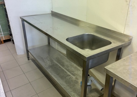 Stainless steel sink with bowl on the right, lower shelf, folded back edge, approx. 180x70x90 cm