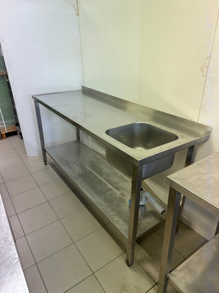 1141788-1 Stainless steel sink with bowl on the right, lower shelf, folded back edge, approx. 180x70x90 cm
