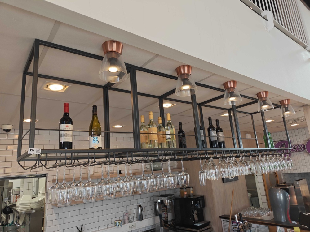 1581737-1 Ceiling-mounted bar shelf with glass holder