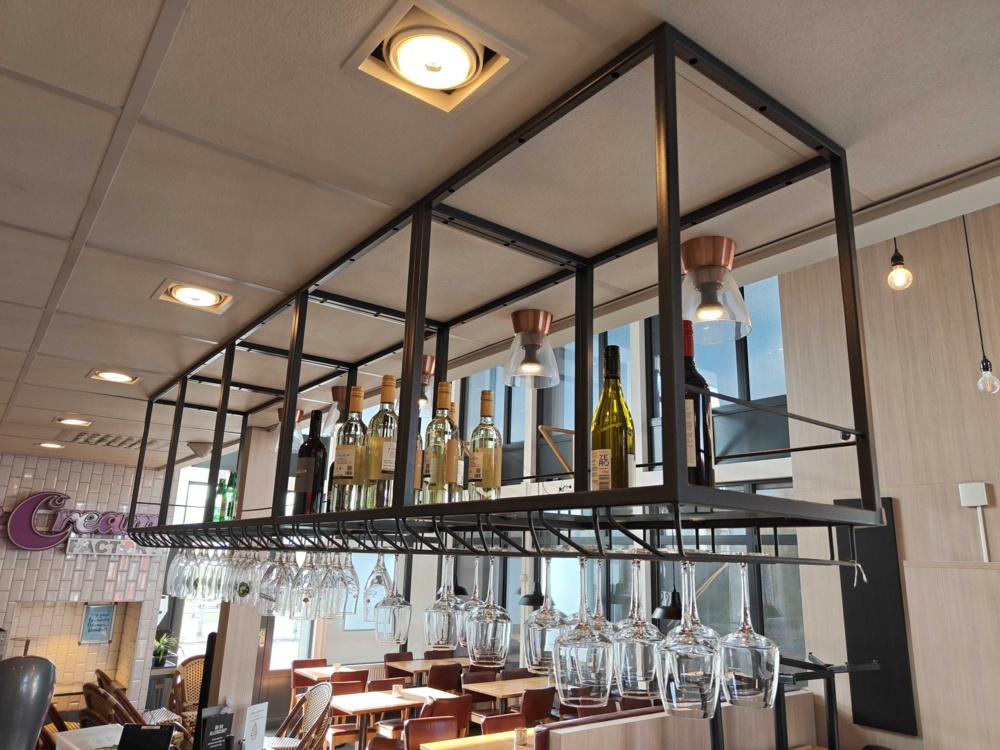 1581737-2 Ceiling-mounted bar shelf with glass holder