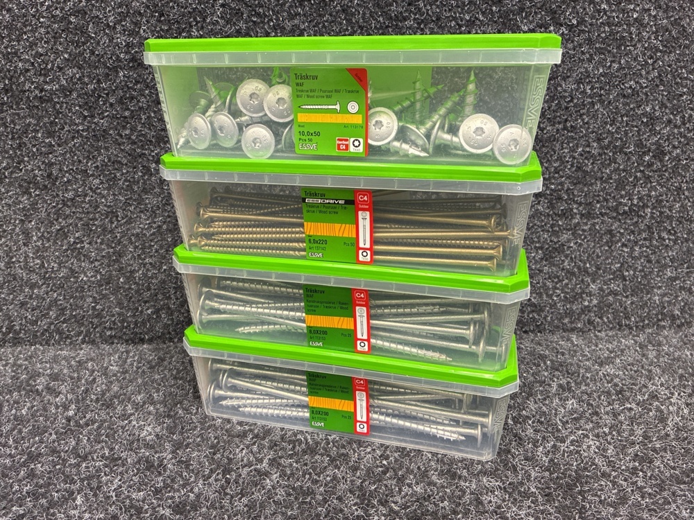 1591378-1 150 pcs Wood screws 8.0x200, 6.0x220 & 10.0x50mm, Essve