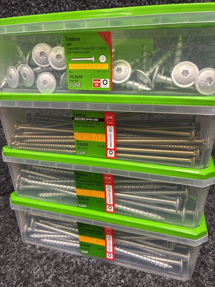 1591378-2 150 pcs Wood screws 8.0x200, 6.0x220 & 10.0x50mm, Essve