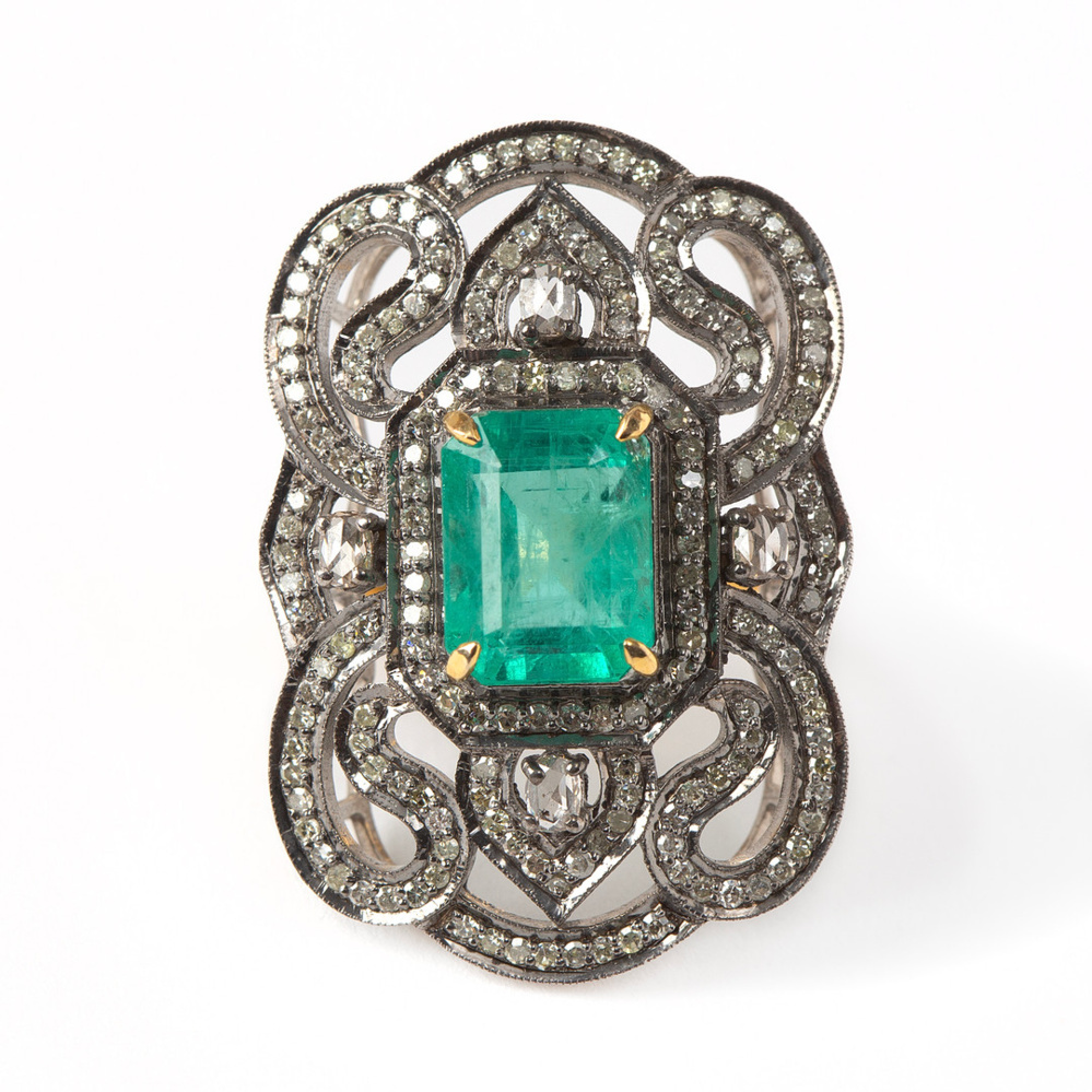 1594593-2 Ring Art Deco 14K guld och Silver med Rysk Smaragd och Diamanter GIA-cert