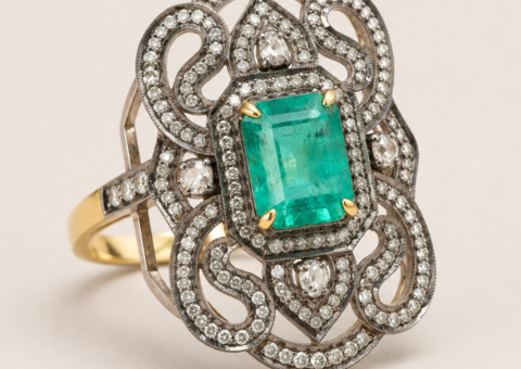 Ring Art Deco 14K guld och Silver med Rysk Smaragd och Diamanter GIA-cert