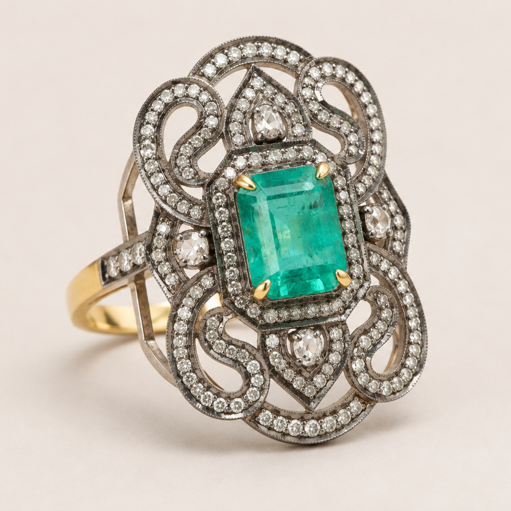 1594593-1 Ring Art Deco 14K guld och Silver med Rysk Smaragd och Diamanter GIA-cert