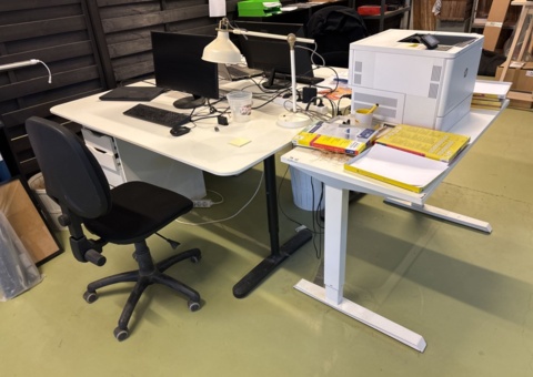3 workstations with desks, 7 monitors etc.