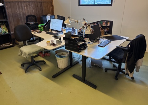 5 workstations - desks, monitors, furniture, etc.