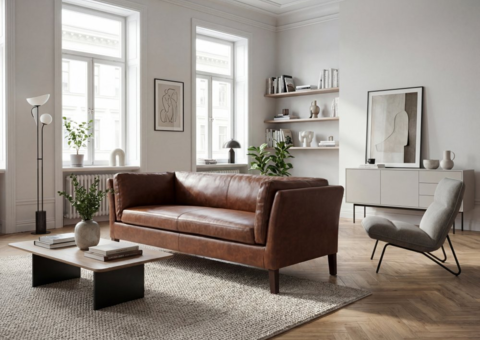 Soffa 3-sits | Vintagebrunt konstläder, skumstoppning & trästomme | Heritage