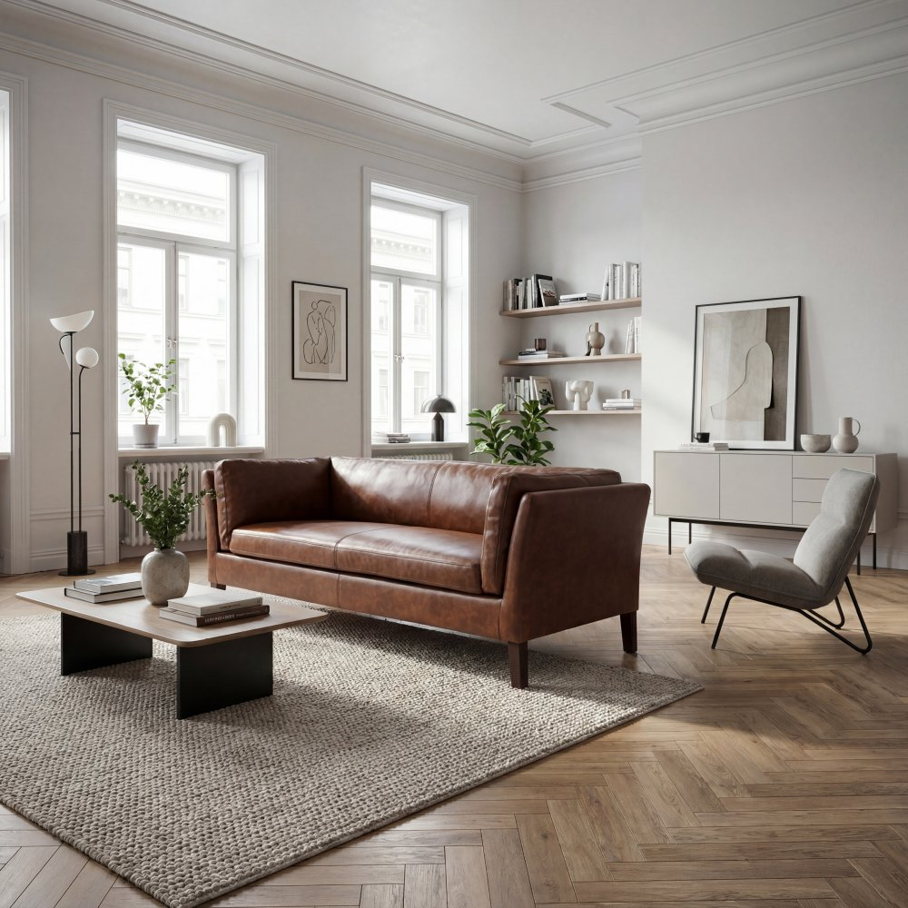 1593893-1 Soffa 3-sits | Vintagebrunt konstläder, skumstoppning & trästomme | Heritage